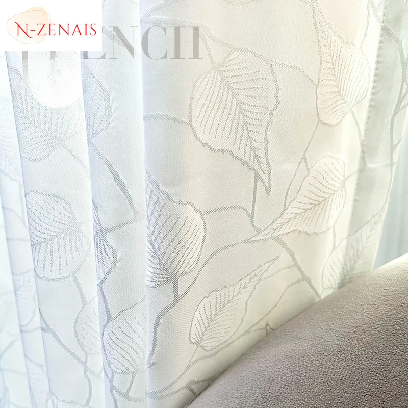 French White Tulle Curtains for Living Room Bedroom Dining Jacquard Window Screen Semi-shading Balcony Bay Sheer Leaf