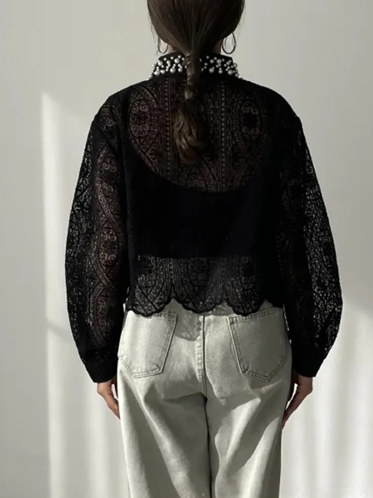 HAND-Made ลูกปัดตะขอดอกไม้ Hollow OUT เสื้อสีดําผู้หญิงแขนยาวหลวม Casual Cropped TOP เสื้อแฟชั่นเสื้อโปร่งใส