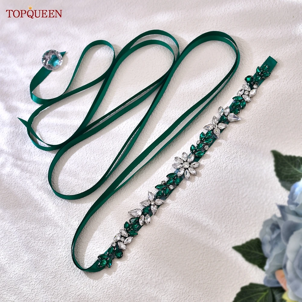 

TOPQUEEN Luxury Women's Sash Wedding Accessories Green Rhinestone Bridal Belt Wedding Prom Dress Applique Supplies S174-KL