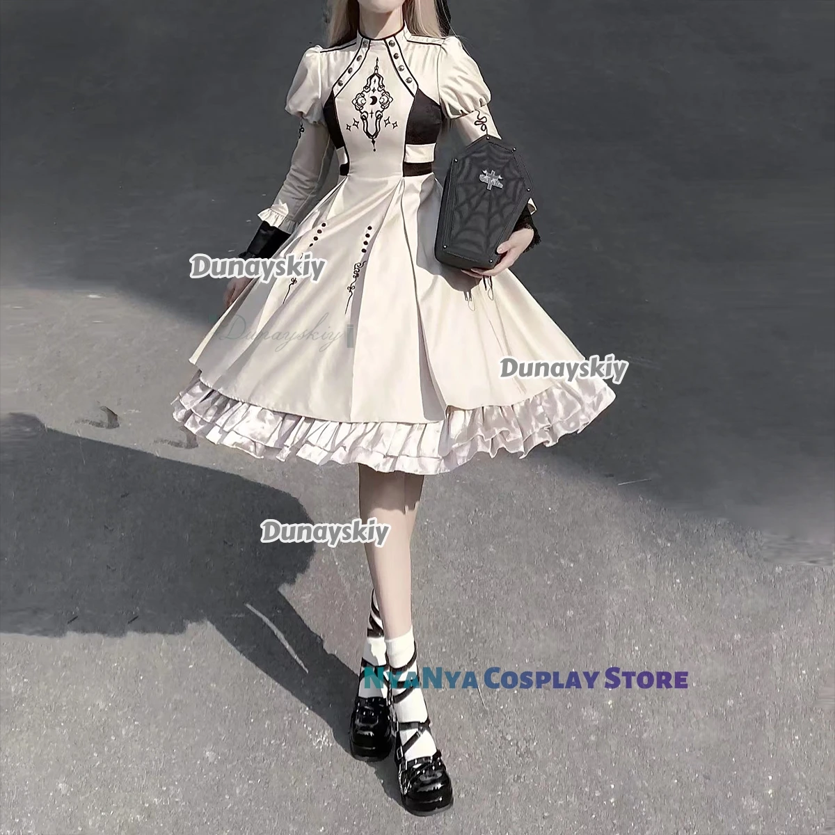 OP Lolita Estilo gótico Vestido de color marfil Mangas largas hinchadas Vestido de encaje plisado Adivinero rsiPara fiesta de carnaval Halloween