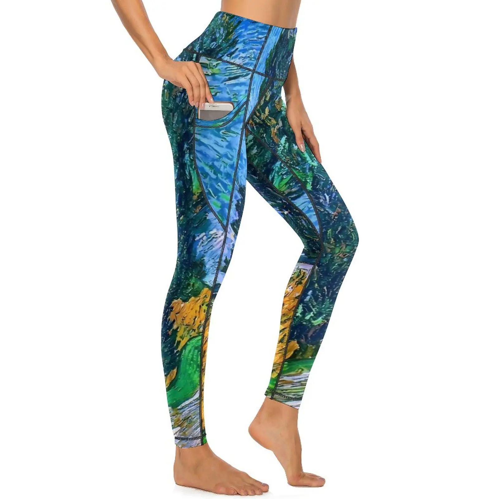 Van gogh leggings sexy estrada com cipreste e estrela push up calças de yoga respirável elástico leggins feminino fitness esportes collants