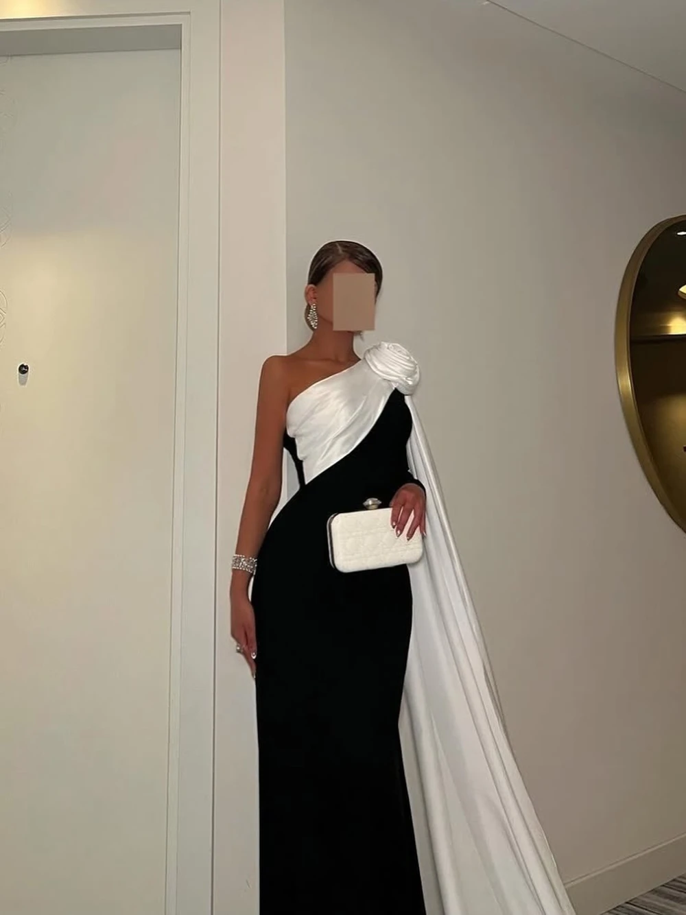 

Fashionable 3D Flower One Shoulder Flowing Side Long Cape Evening Dress Formal Banquet High Quality Prom Gown For Women