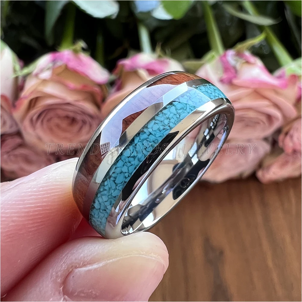 8mm Turquoise Koa Wood Inlay Tungsten Carbide Engagement Ring Wedding Band for Men Women Domed Polished Shiny Comfort Fit