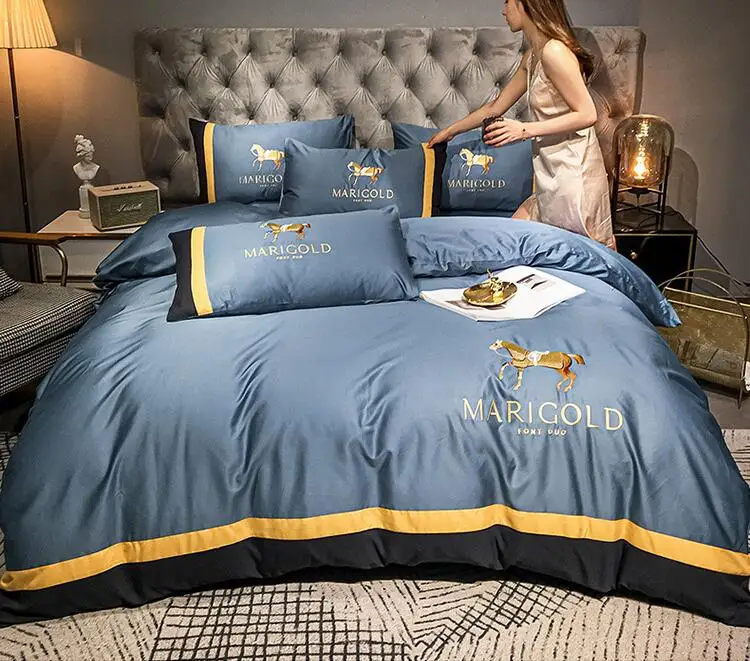 60 Thread Count Long staple Cotton Four Piece Set of All Cotton Satin Solid Embroidered Quilt Cover Bed Sheet Pima Cotton Fitt