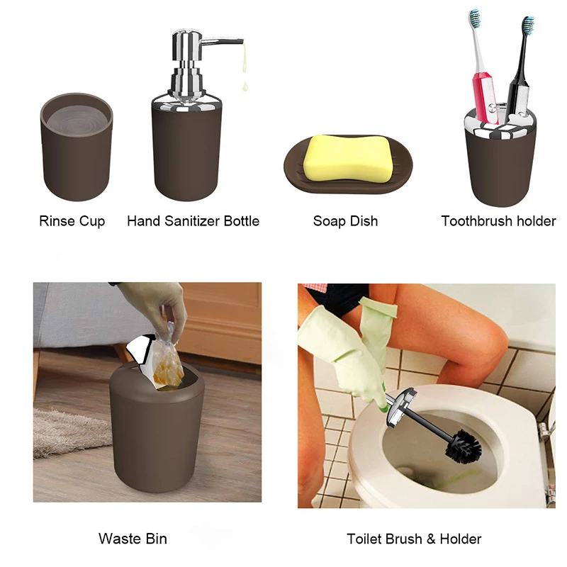 Black Grey 6Pcs Luxury Bathroom Accessories Toothbrush Toothpaste Holder Soap Dish Washing Toilet Brush Set Necessities Kit