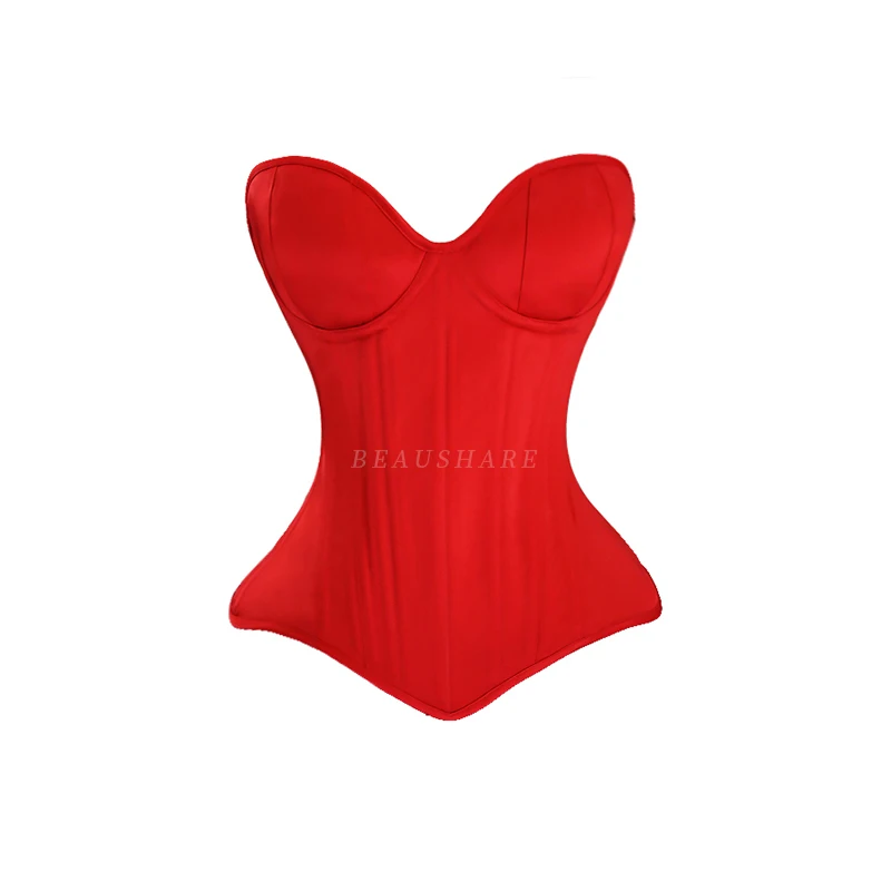 女性コルセットビスチェカップオーバーバストヴィンテージボディスタイトレースアップダブル骨太整形トップスウエストチナー結婚式サテンレッド