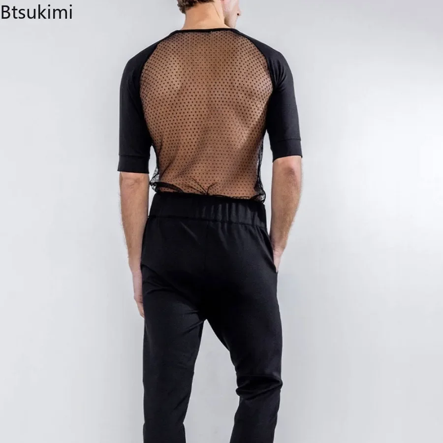 2024 Trend Party Nightclubs Style Tops Men\'s See-through Short Sleeve Patchwork T-shirts Sexy Mesh Thin Transparent Tees for Men