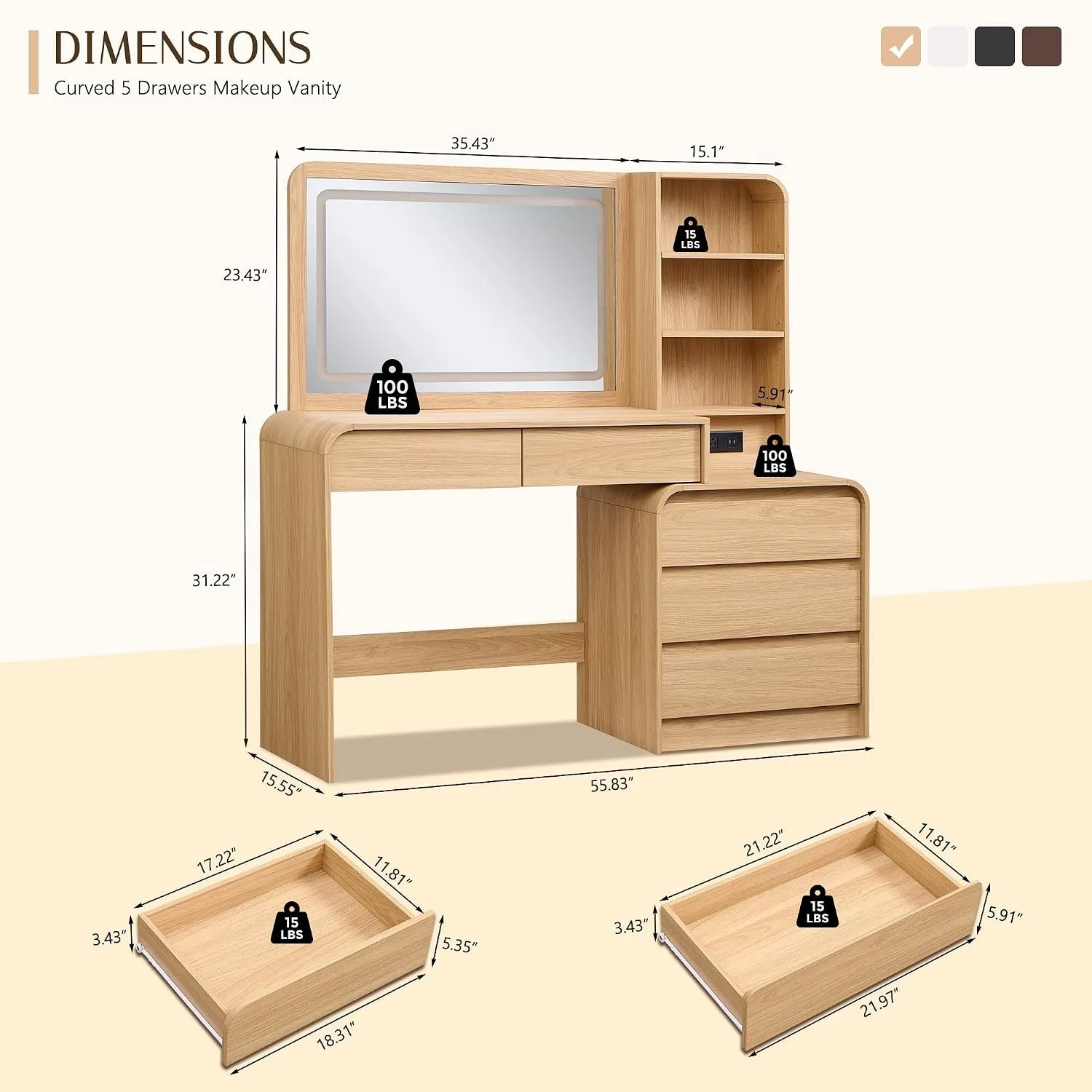 50 Inch Modern Makeup Vanity Table 35.43 Inch Lighted Mirror 5 Storage Drawers Bedroom Cosmetic Organizer Furniture
