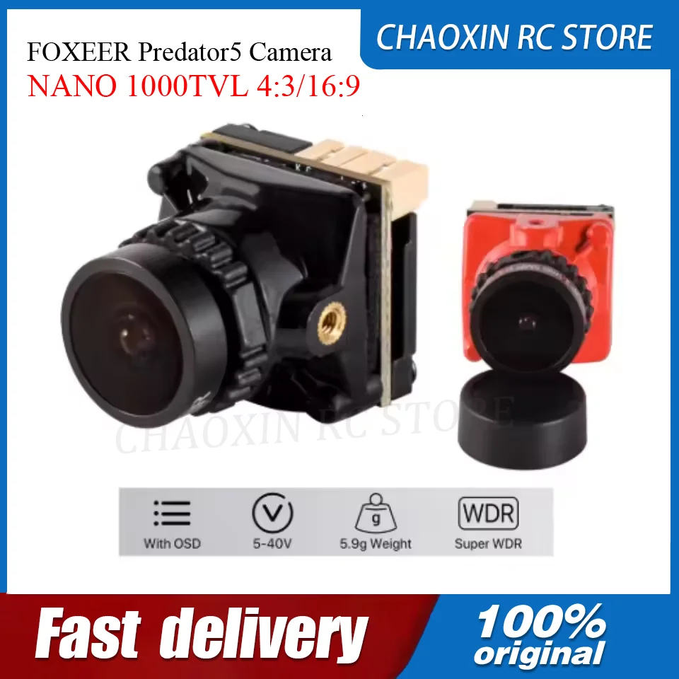 FOXEER Predator5 Camera NANO 1000TVL 4:3/16:9 NTSC/PAL Selectable 1.7mm Lens OSD WDR Nighttime LED for FPV Camera Racing Drones