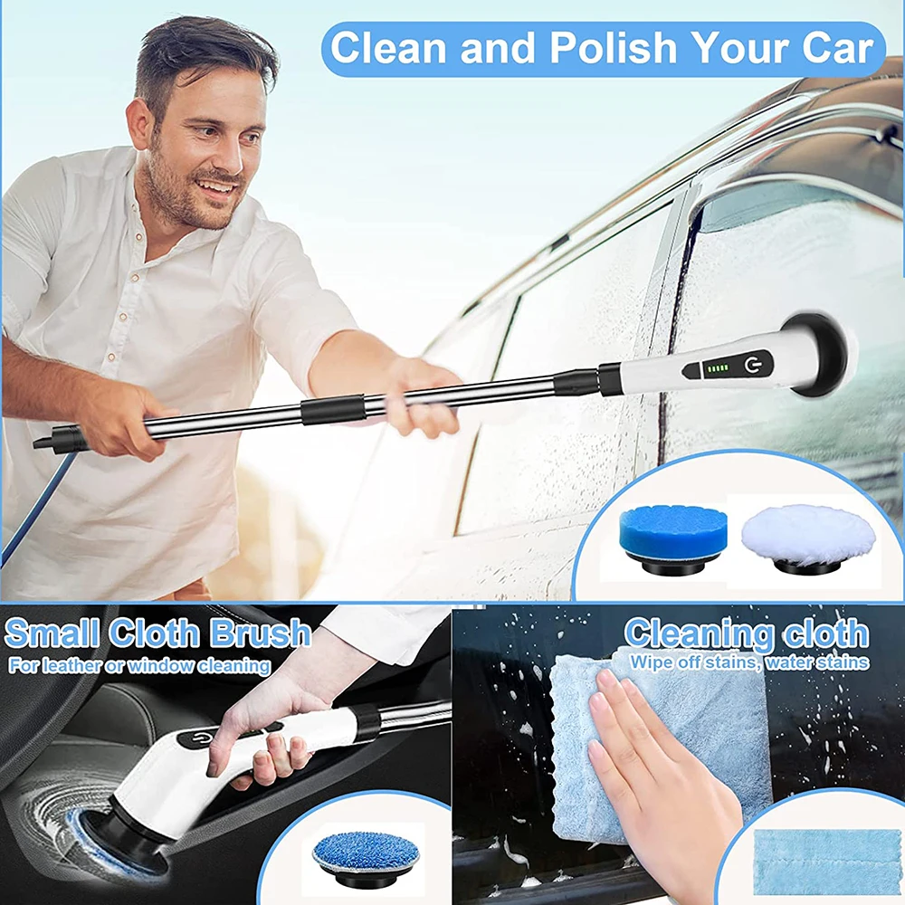 7-In-1 Electric Rotary Brush Detachable Telescopic Electric Mop with 7 Replaceable Brush Heads Kitchen Window Cleaning Scrubber