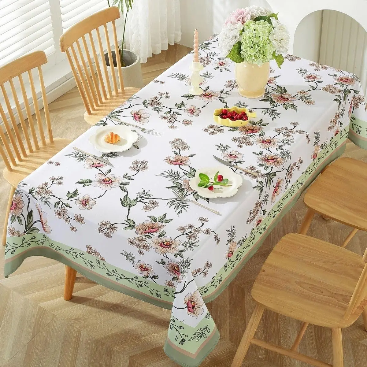 Spring Cherry Blossom Sage Waterproof Tablecloth Wedding Party Decor Washable Rectangle Table Cloth Outdoor Picnic Table Decor