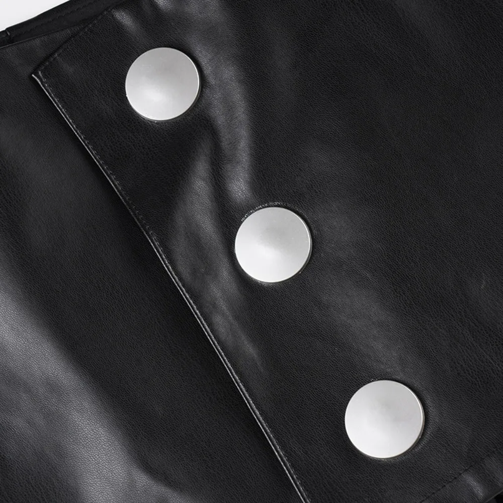 Saia de couro pu com fixação de metal, ajuste fino, pacote preto, saia quadril, cintura baixa com forro interno, saia irregular de meio comprimento