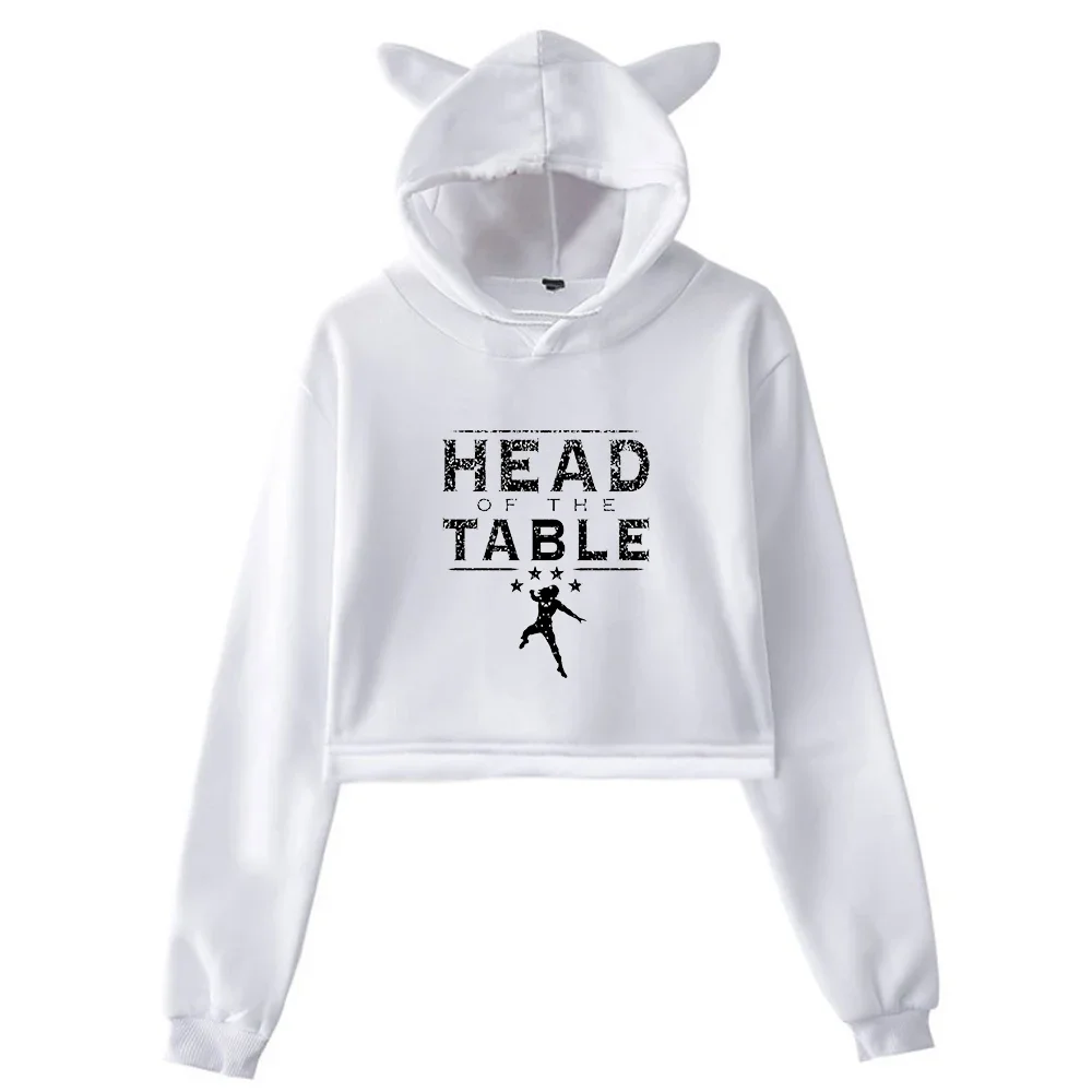 Roman Reigns Head of The Table Crop Top Hoodie for Teen Girls Streetwear Hip Hop Kawaii Cat Ear Harajuku Cropped Sweatshirt