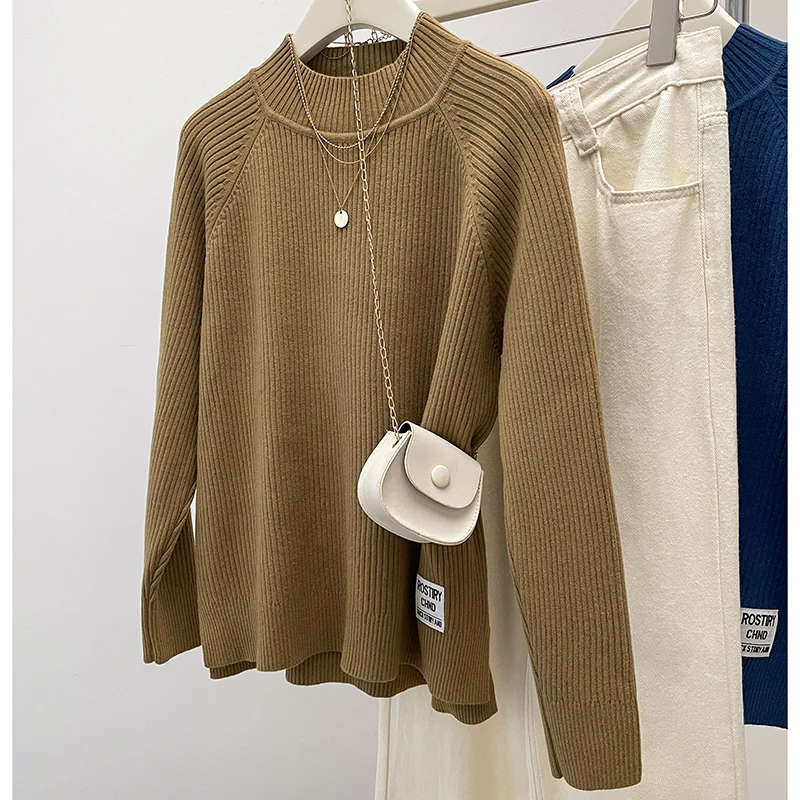 Plus Size Chubby Girl Solid Color Half High Neck Long Sleeve Knitted Sweater 2024 Autumn Winter Lazy Style Wygodny top damski