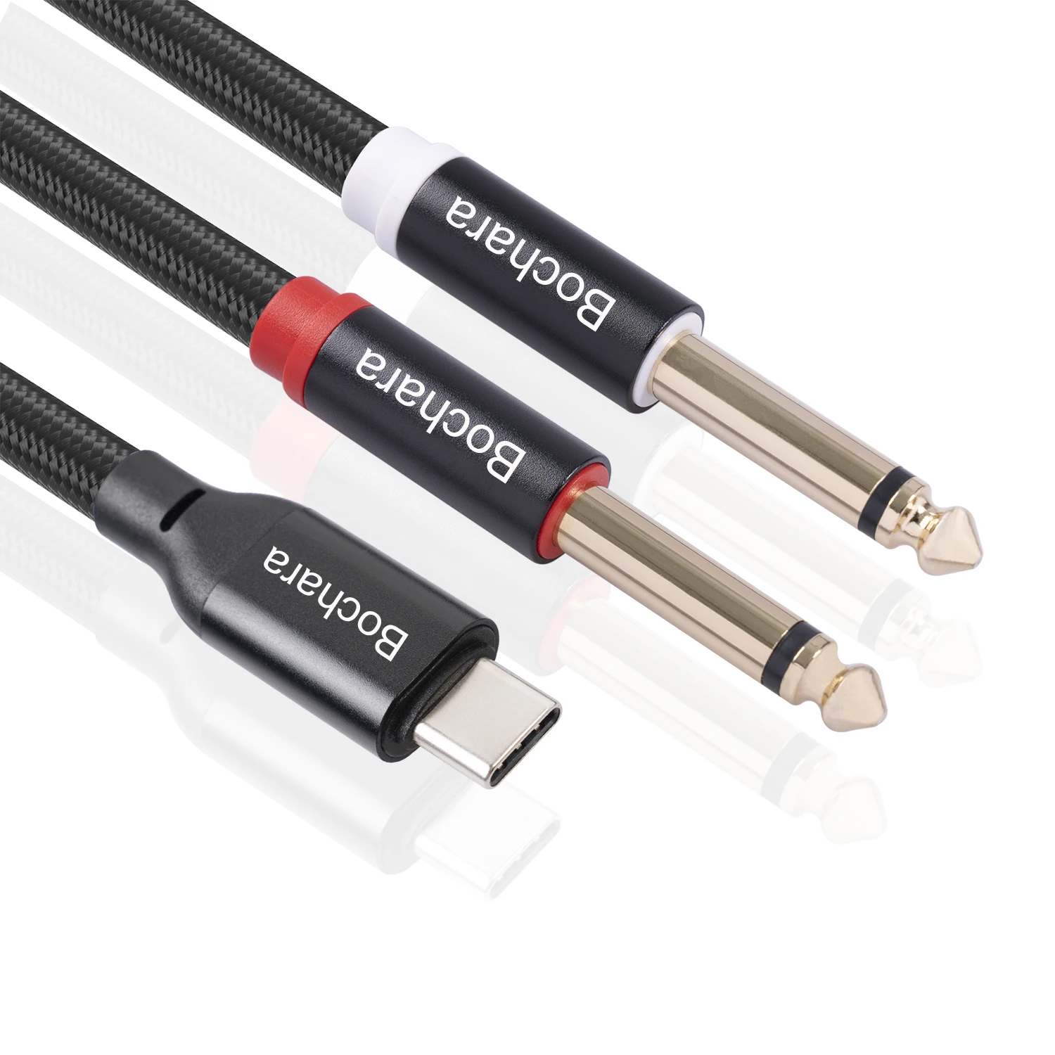 Bochara Braided Type C to 2*6.35mm Jack OFC Audio Cable Built-in Digital IC Chipset Foil+Braided Shielded 1m 2m 3m