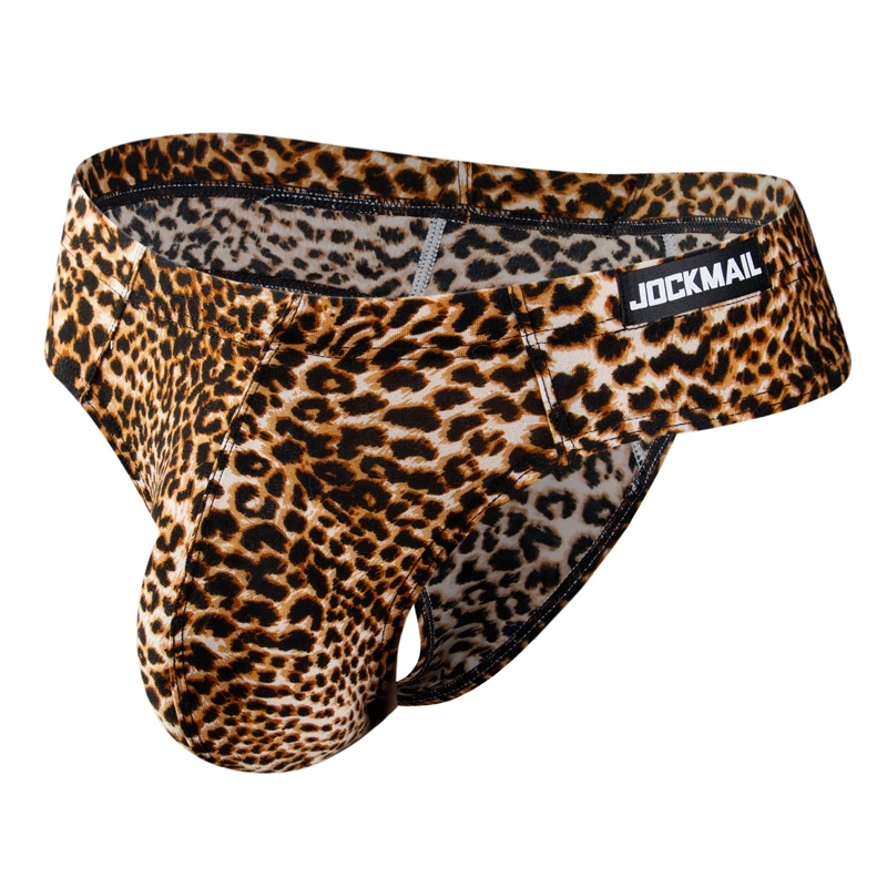 Jockmail Sexy Men Bikini Brief Underwear Leopard Grain Penis Pouch Jockstrap G-strings Thong Cuecas Gay Male Panties Slip Homme