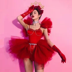 Gogo Jazz Dancing Drag Queen Cosutme Women Tutu red Dress Party Festival Clothing Nightclub Rave Outfit Performance Clothes