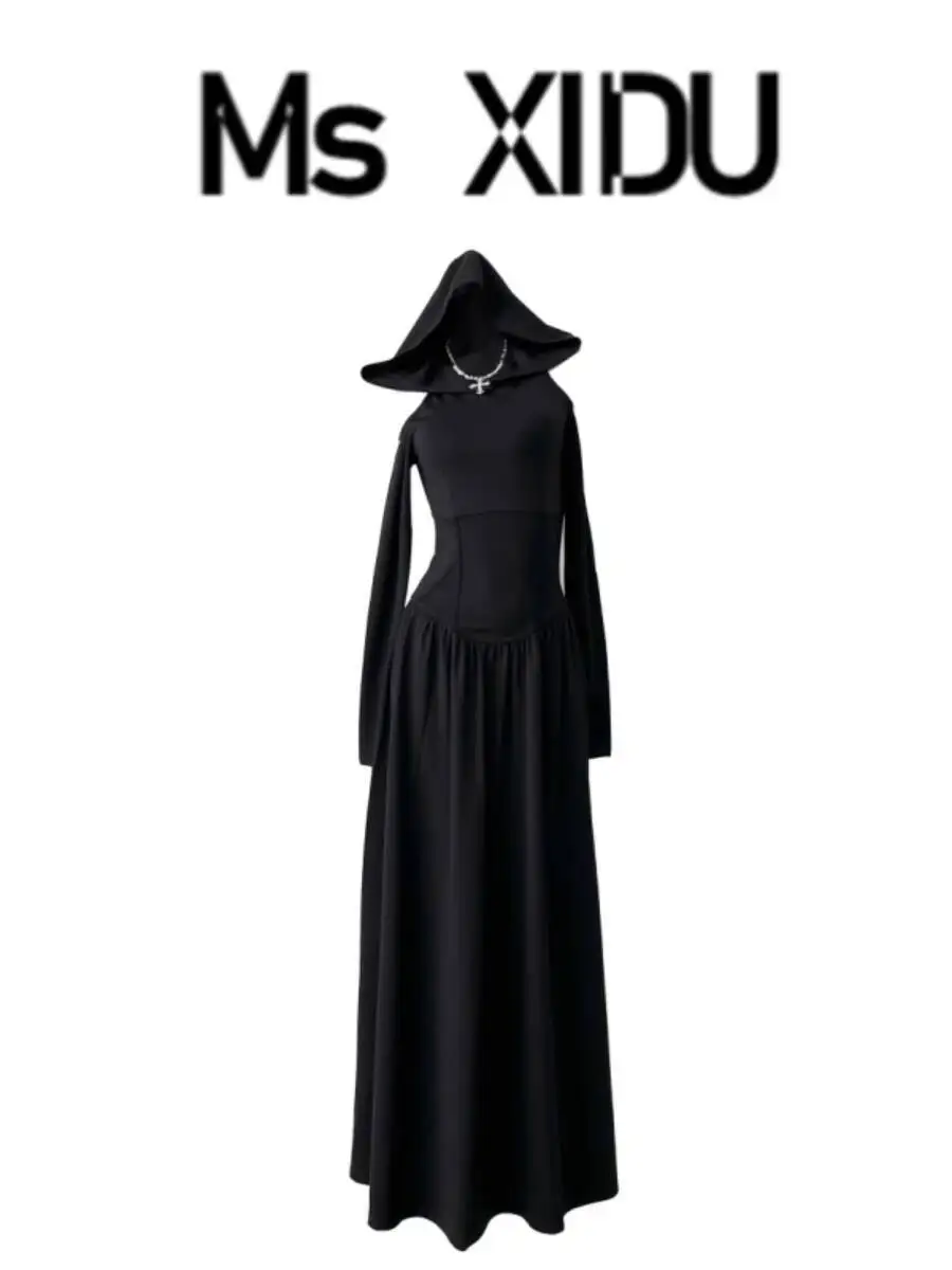 

Ms XIDU Готический стиль Хэллоуин Темная серия Платье с длинными рукавами в стиле Wasteland с застежкой на талии Осенне-зимнее черное длинное платье