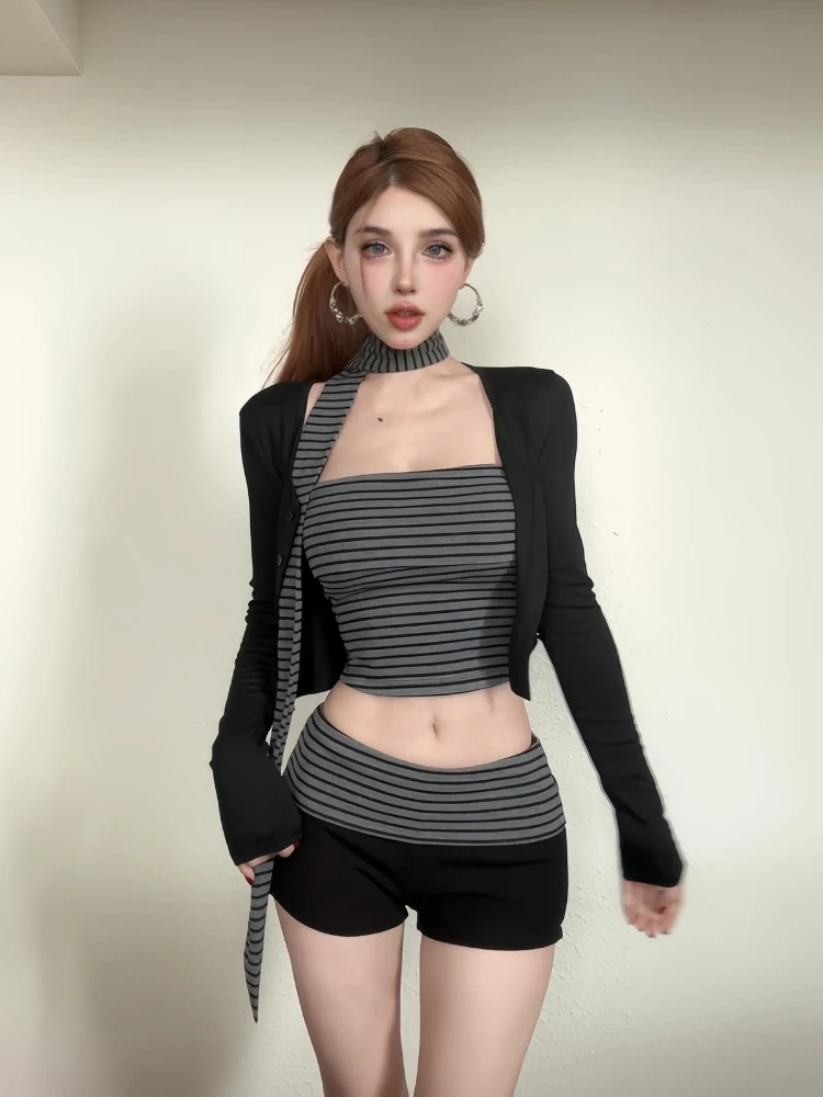 

Y2k Aesthetic 3 Piece Sets Solid Cropped Cardigan + Vintage Stripe Strapless Vest + Paatchwork Grunge Shorts Streetwear Outfits