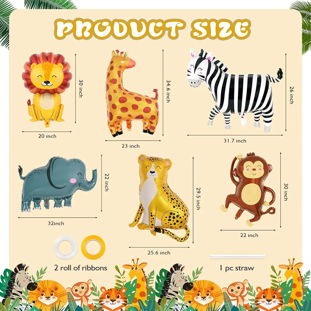 6 Stück Dschungeltiere-Folienballons, riesige Zoo-Tierballons: Zebra, Elefant, Affe, Löwe, Giraffe, Leopard, Tierballons, Dekoration für Geburtstagsfeiern mit Dschungeltier-Motiv. – Detail 4
