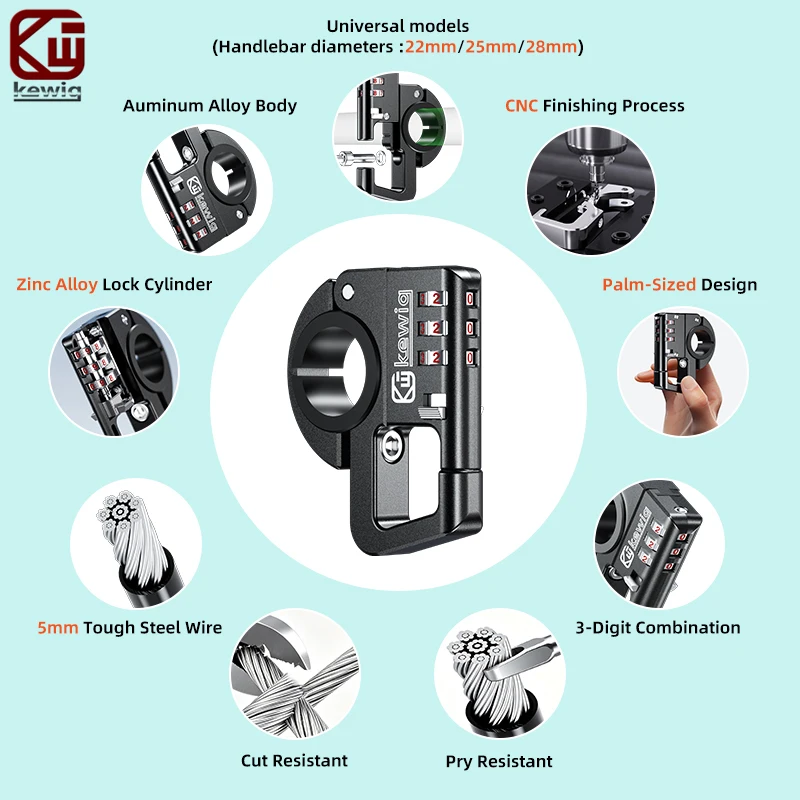 Kewig Motorcycle Helmet Lock 3 Digit Password Anti-Theft Rustproof Anti-Cut Anti-Pry Steel Cable Lock for E-Bike Scooter Bicycle