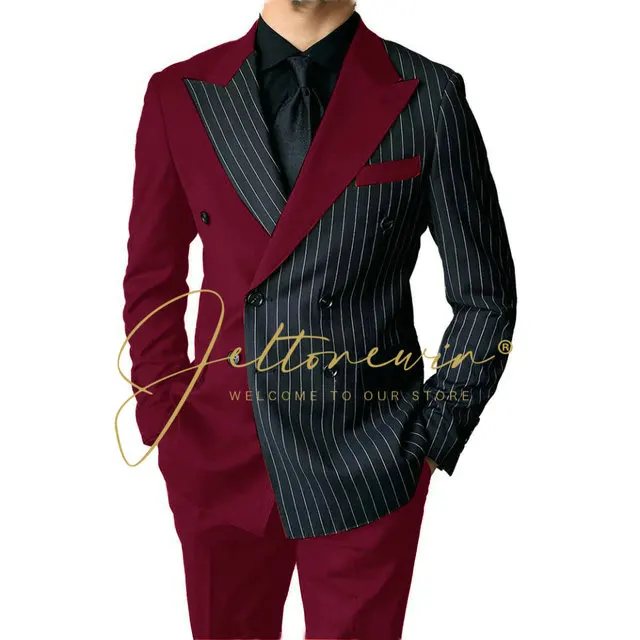 2023 New Design Business Black Striped Men Suits For Wedding Double Breasted Groom Tuxedos 2 Pieces Costume Homme (Jacket+Pants)