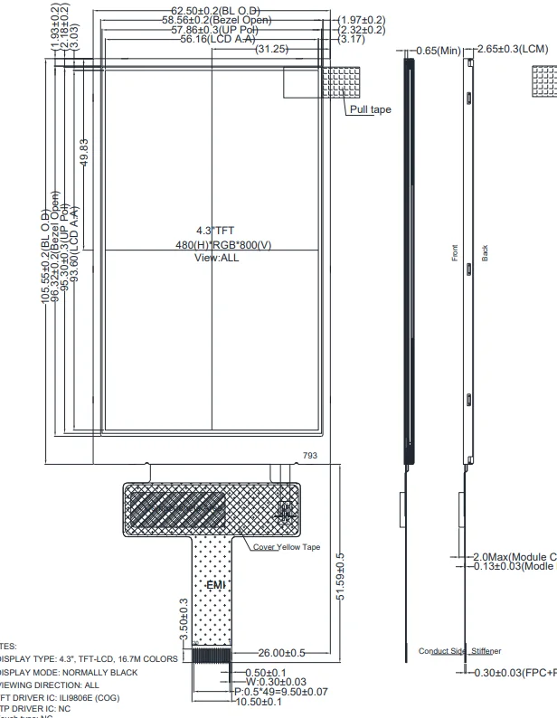 4.3 inch 480x800 ILI9806E MIPI interface full viewing angle IPS LCD