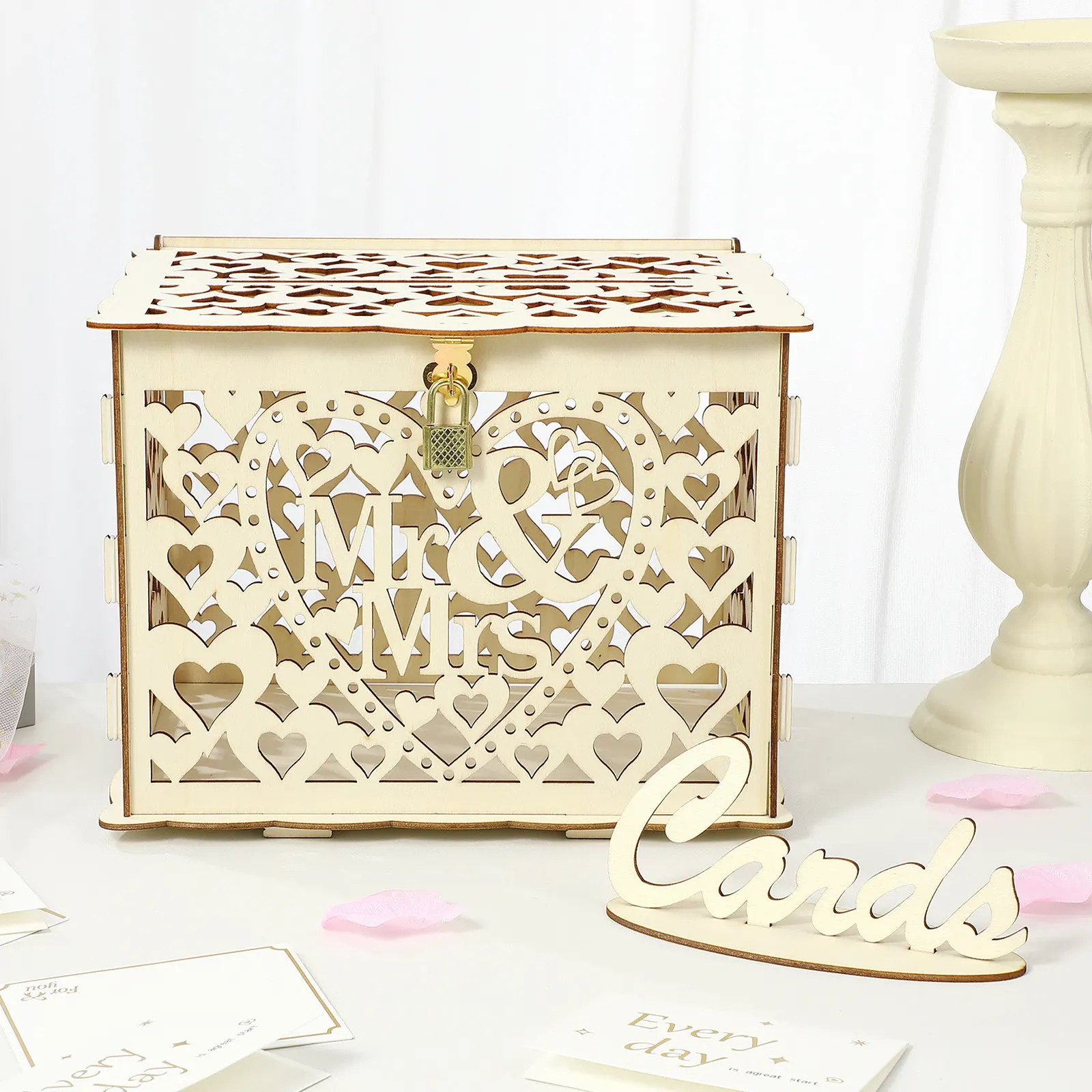 

Свадебная шкатулка для хранения Mr Mrs Wood, маленькая, с ажурным цветочным узором, с замком и ключом, для конфет, открыток и подарков, ручной работы
