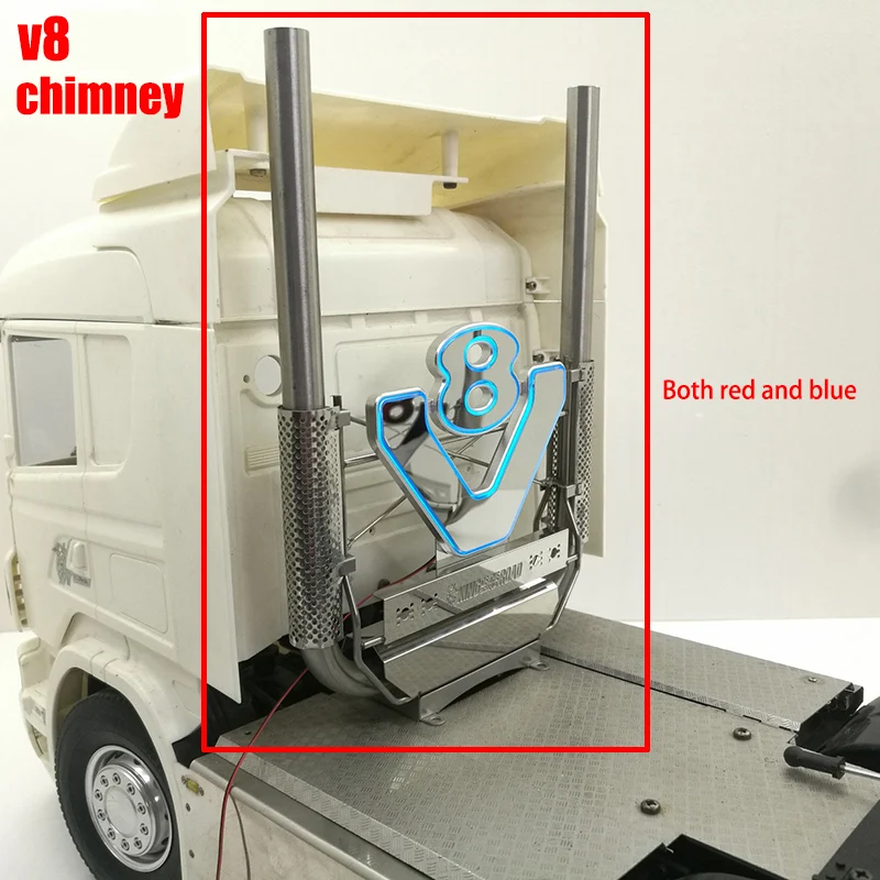 V8 Exhaust Pipe System Chimney Plus Modified LED Light Decoration for 1/14 Tamiya RC Truck Trailer Tipper Scania R730 R620 770s