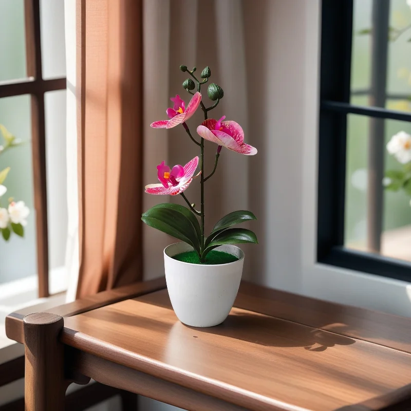 قطعة واحدة من أوركيد مقلد في وعاء - 3 زهور أوركيد صناعية نابضة بالحياة لديكور المنزل لعيد الهالوين وعيد الشكر، هدية الانتقال لمنزل جديد