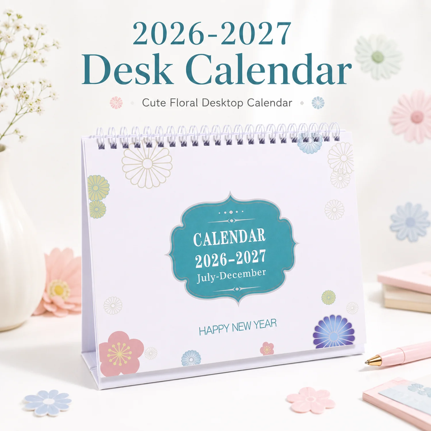 2027 Floral Desk Calendar Twin Wire Foldable Triangle Stand 18 Month Planner For Office School Home Daily Schedule Schedule Book