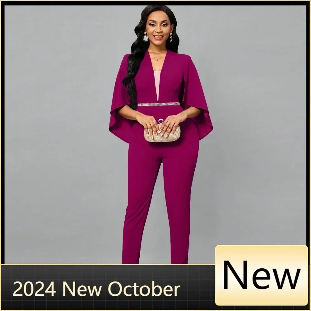 

Customized Elegant Casual Professional Women's Jumpsuit Solid Color V-Neck Waistband Sexy Bat Sleeve Jumpsuit Elegant Office Lad
