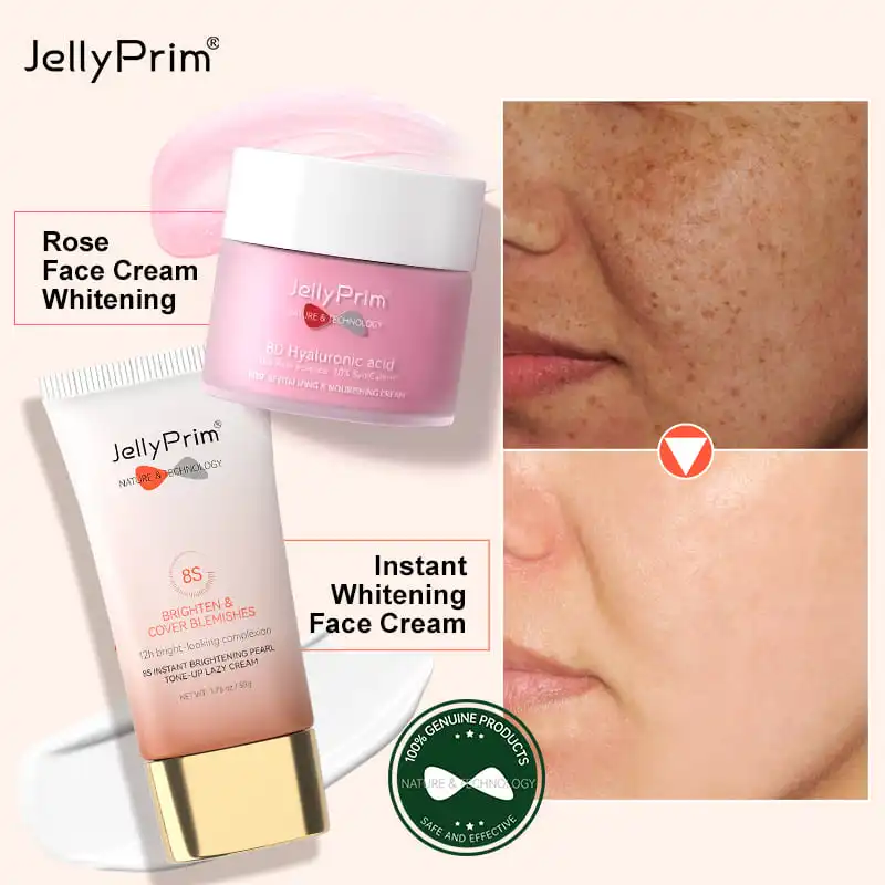 Jellyprim 8S Instant Whitening Rose Face Cream Skin Care Set Vitamin C for Face Dark Spot Remover Spf 50 Sunscreen Moisturizing