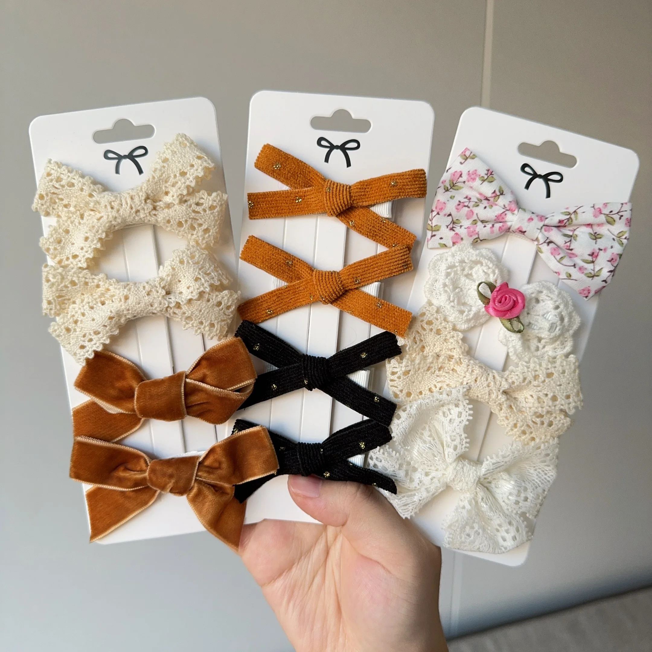 4Pcs/set Solid Flowers Print Bowknot Hair Bow Clips Baby Girls Lace Cotton Linen Barrettes Safety Hairpins Headwear Accessories