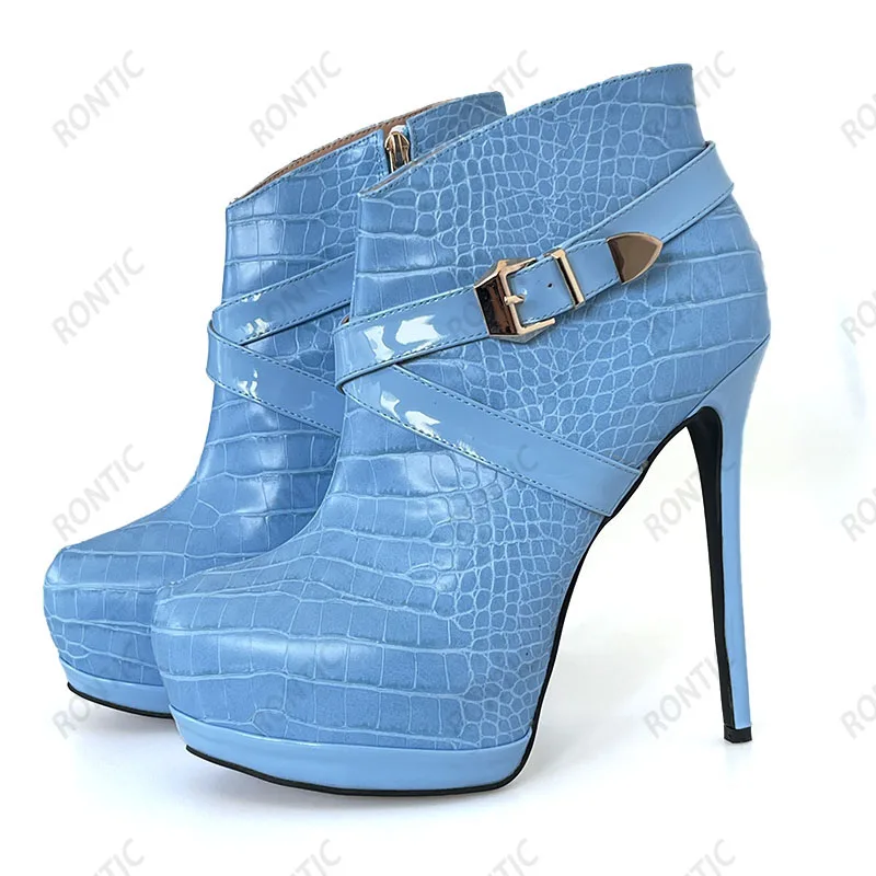 Rontic New Women Winter Platform Ankle Boots Crocdille Stiletto Heels Round Toe Pretty Sky Blue Night Club Shoes US Size 5-20