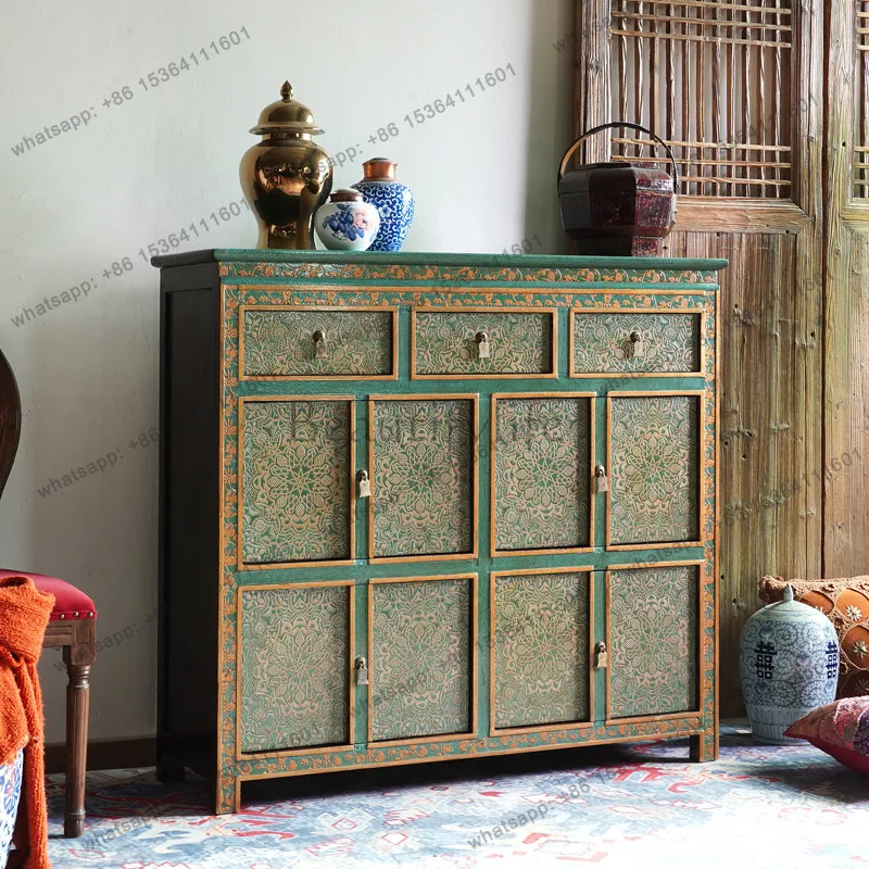 LD new Chinese-style solid wood retro side cabinet foyer entrance three-dimensional pattern cabinet