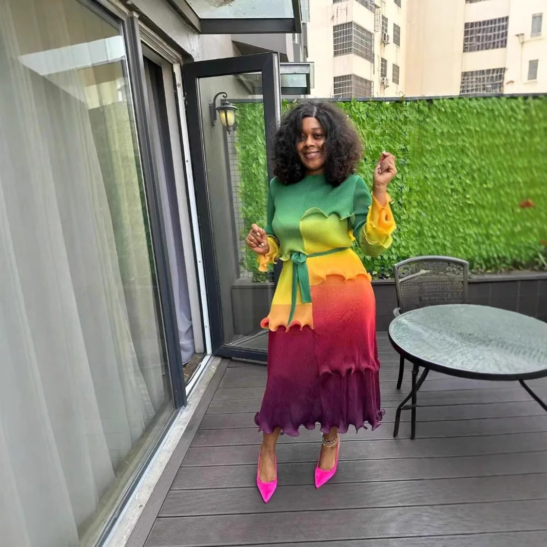 

2025 cross-border new printing gradual change fungus edge dress temperament loose large size women's long dress