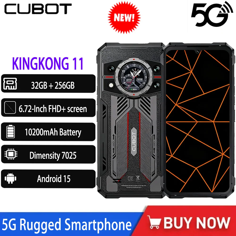 Прочный смартфон Cubot Kingkong 11, размер Android 15, 7025 5G, мобильный телефон, 32 ГБ (16 + 16166 ГБ, 10200 мАч, 108 МП, 33 Вт, мобильный телефон NFC