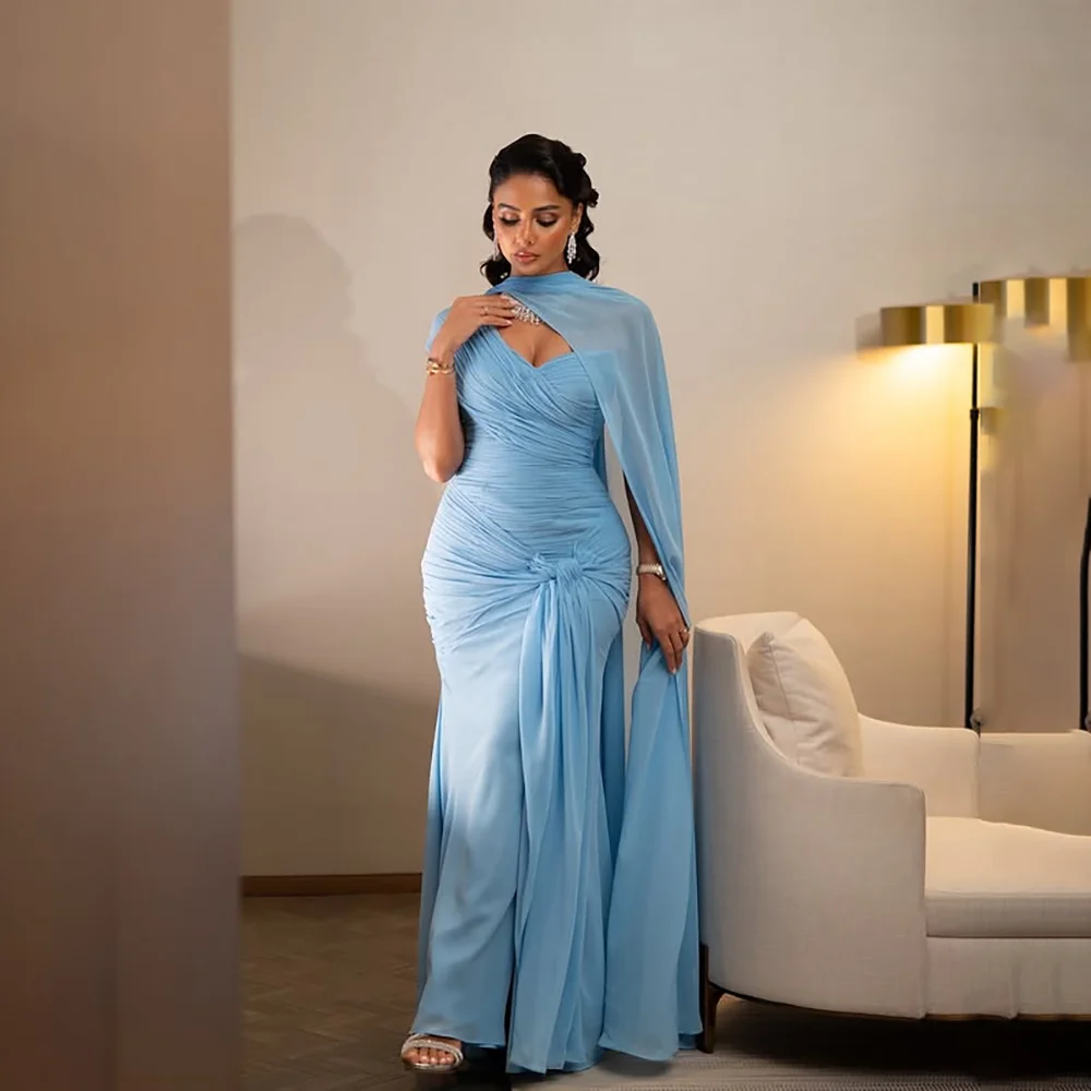 

Sky Blue Evening Dress with Cloak Sweetheart Neck Pleat Chiffon Mermaid Floor Length Dubai Formal Party Dresses Customized