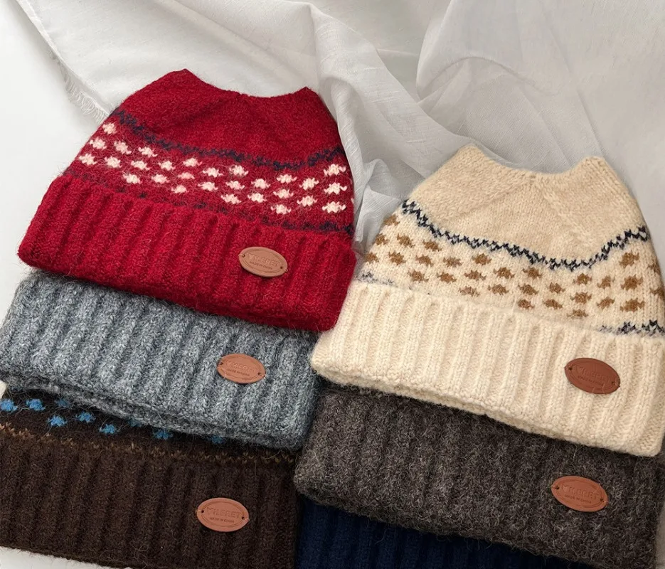 Japanische Retro-Fair-Isle-Jacquard-Mütze mit Katzenohren, gestrickt, für Herbst und Winter, warm, verdickt, mit Ohrenschutz, Skull-Beanie-Mützen für Damen – Detail 7