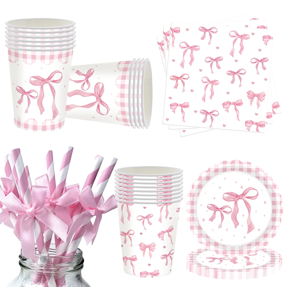 Vajilla de cumpleaños con tema de lazo rosa, platos desechables, tazas, pajitas para servilletas, decoración de fiesta, Baby Shower, suministros para fiesta con lazo rosa para niña