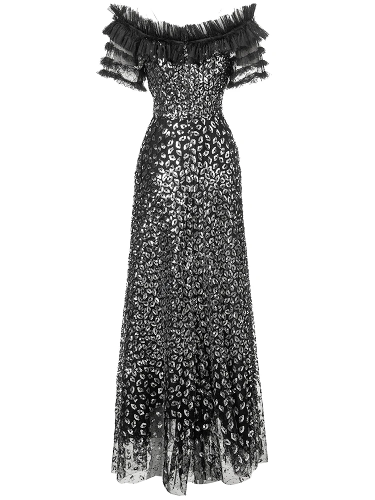 DSXDFACAIRIJ Women's Sequins Embroidery Mesh Dress Slash Neck Short Sleeve Ruffles Black Vintage Fashion Summer Dress