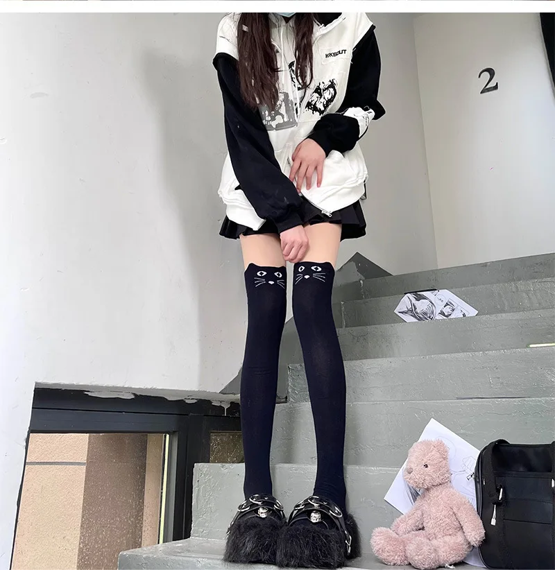 Thigh High Stockings Women Autumn/Winter Kawaii Cat Cartoon Over the Knee Socks Cute knitted Leg Warmers Long Stockings