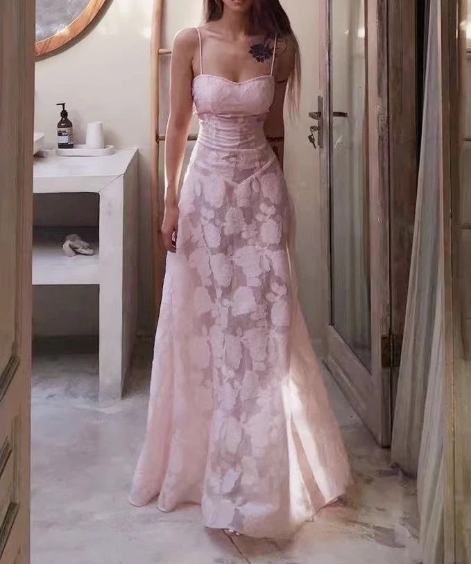 

Pink Jacquard Elegant Dress Women Summer Vacation Streetwear Strapped Clothing Lady Chic Vestidos Bodycon