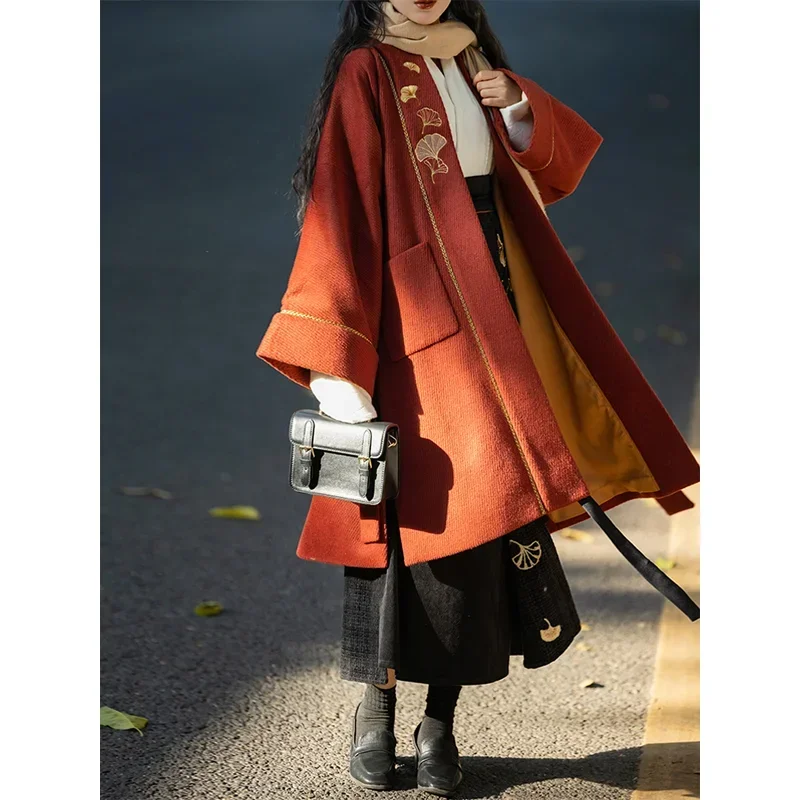 Maple Leaf Theme Chinese Style Hanfu Set Embroidery Song Dynasty Women Winter Red Woolen Coat Beige Shirt Black Spiral Skirt New