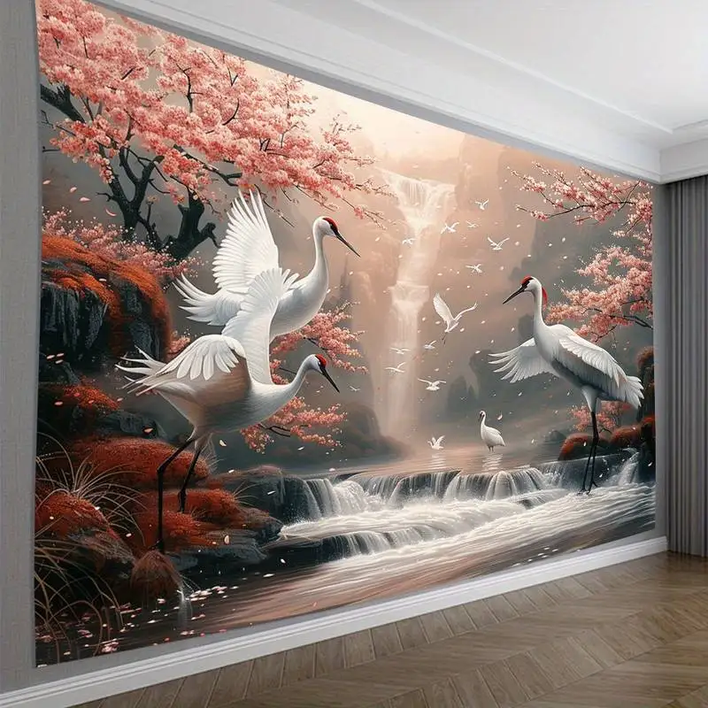 

Гобелен Serene Cherry Blossom & Crane — мягкий японский пейзаж, настенный подвес для спокойного азиатского домашнего декора