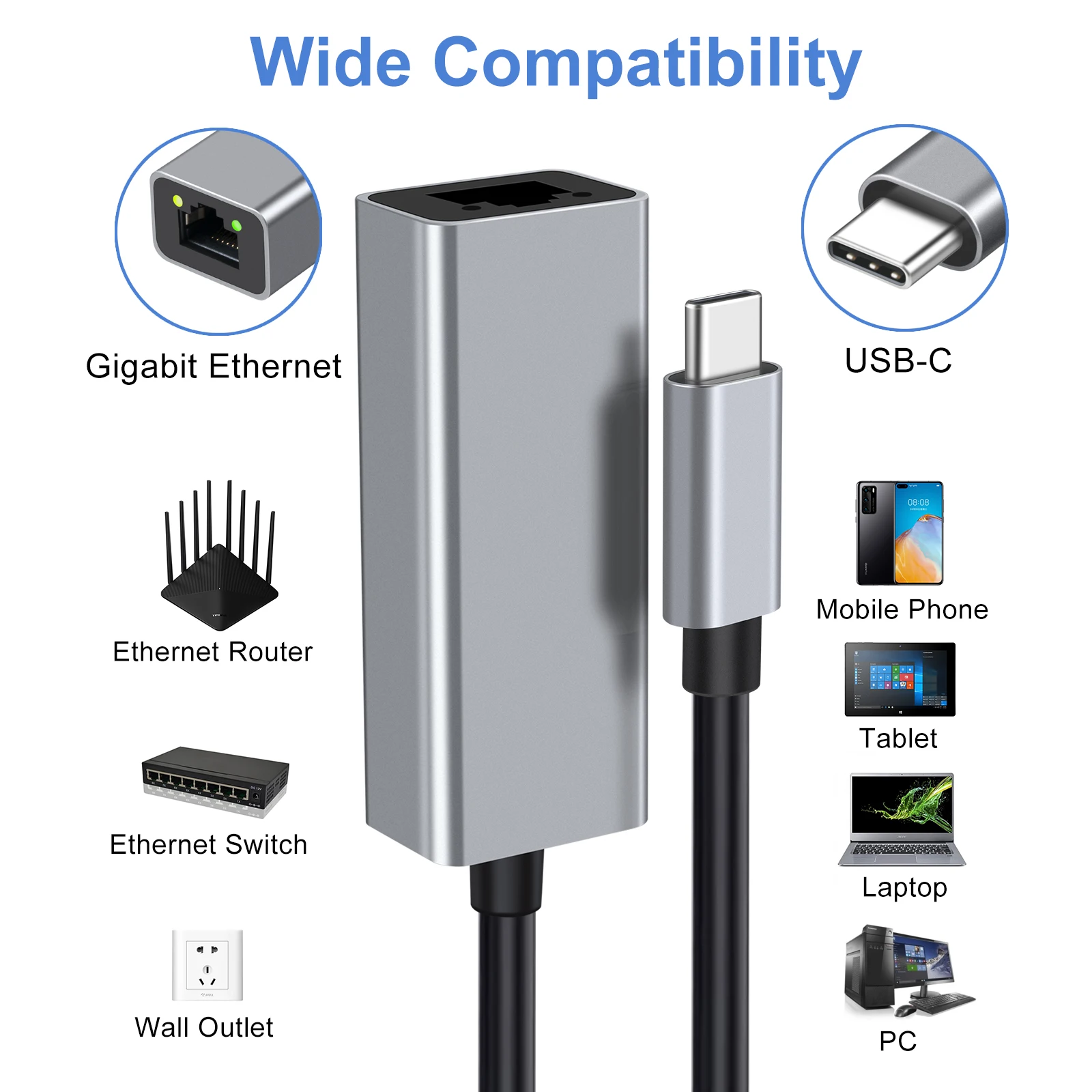 USB C إلى RJ45 جيجابت إيثرنت محول USB نوع C LAN بطاقة محول دعم 10/100/1000Mbps لأجهزة الكمبيوتر المحمول/الكمبيوتر اللوحي/الهواتف الذكية/الكمبيوتر #6