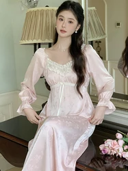 Women French Vintage Pajamas Autumn Fairy Silk Long Sleeve Nightgown Princess Nightgown Night Dress Victorian Home Clothes