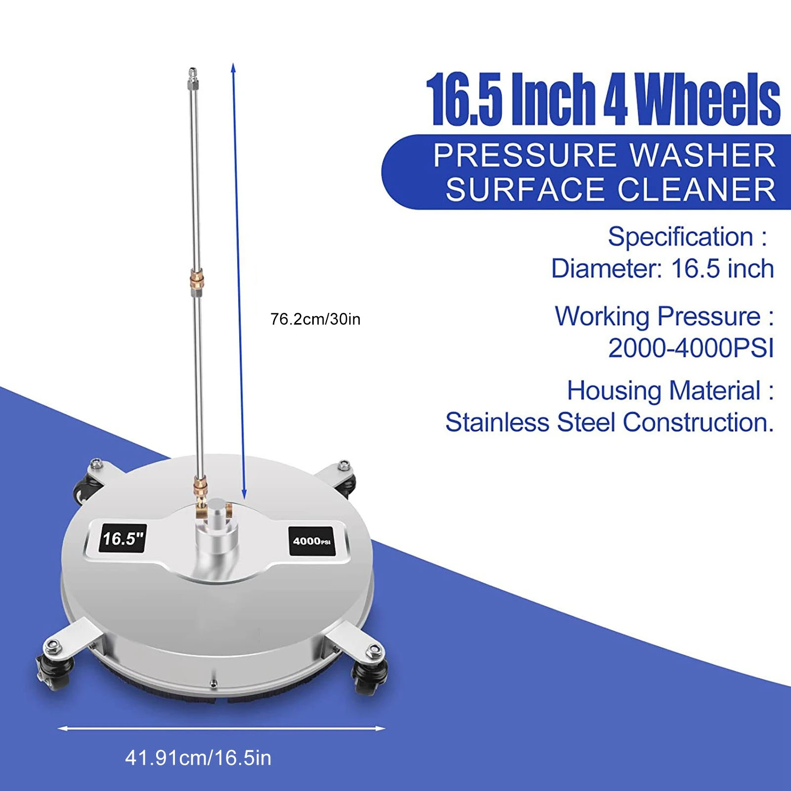 

Pressure Washer Cleaner Driveway Power Washer 4 Wheels Stainless Steel High Efficiency with 2 Extension Wand for Lane