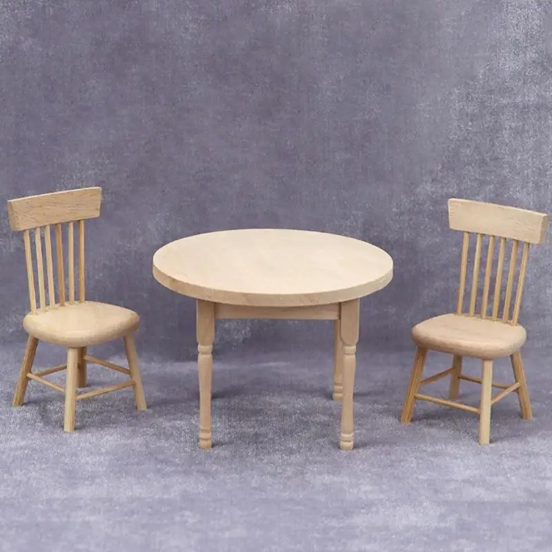 Y88D 1/12 Miniature Wooden Doll House Round Table And Chairs Set For Realistic Scene Setting Craft Project Furniture Props